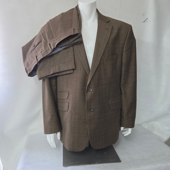 Paul Fredrick Suit Men 50R Brown Glen Plaid Wool Classic Fit 2-Button 44x28